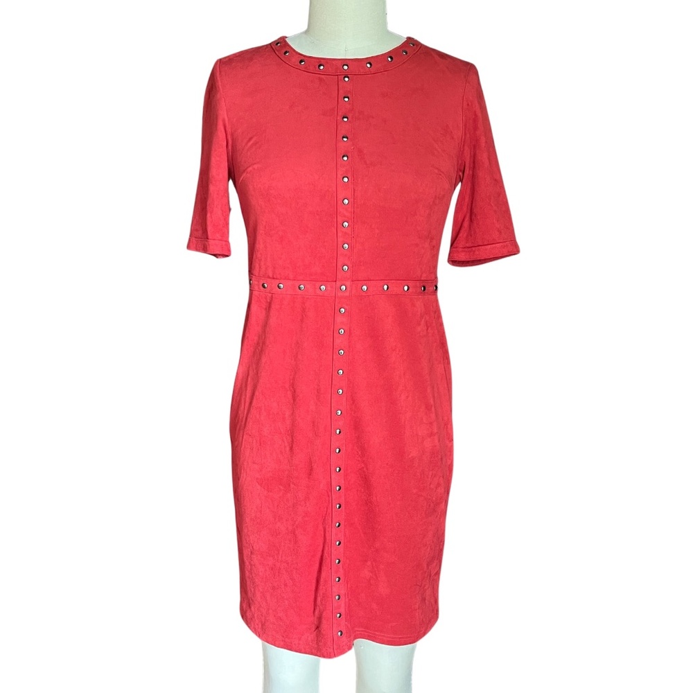 Spense NWT Brick Red Suede Knee Length Dress w/ Short Sleeves and Nailhead Trim